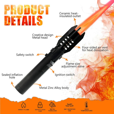 Campfire Ready Torch Lighter With Jet Flame Windproof Refillable Adjustable Flame And Safety Lock detailed product design and features.