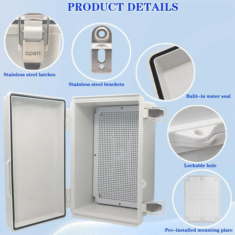 Waterproof Electrical Box IP67 Junction Box With Stainless Steel Latch Hinged Grey Cover Outdoor Project Enclosure details