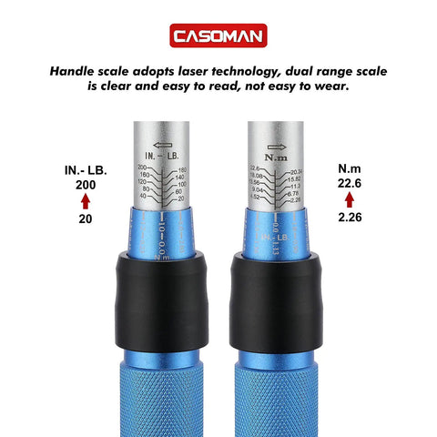 Close-up of 1/4 Inch Drive Click Torque Wrench Set Dual Direction Adjustable 72-Tooth, laser scale, aluminum handle.