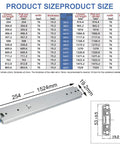 Heavy Duty Drawer Slide Rails Built Tough With Secure Lock Clasp Fully Extending Telescopic Runners dimensions chart with various sizes.