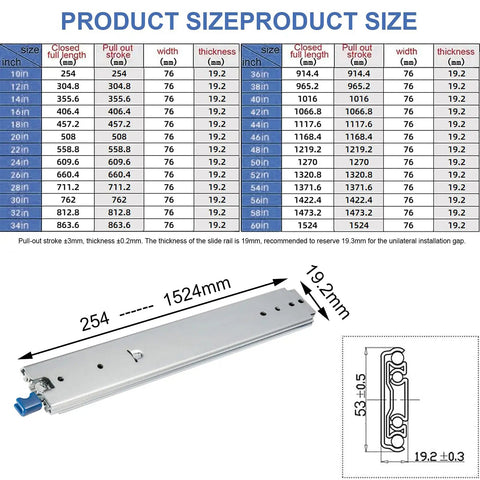 Product size chart for Heavy Duty Telescopic Drawer Slides Full Extension With Secure Locking Design And Dual Row Ball Bearings up to 1524mm.