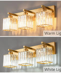 Three Light Gold Crystal Bathroom Vanity Light With Brushed Gold Finish Clear K9 Crystal Shades Modern Minimalist Wall Fixtures For Vanity Mirror Moisture Resistant And Durable Luxury Spa Vibe Lighting, showcasing warm and white light options