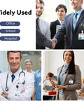 Collage with professionals using 20 Pack Retractable Badge Reels With Carabiner at office, school, and hospital settings.