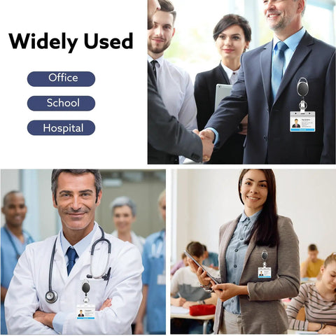 Collage with professionals using 20 Pack Retractable Badge Reels With Carabiner at office, school, and hospital settings.