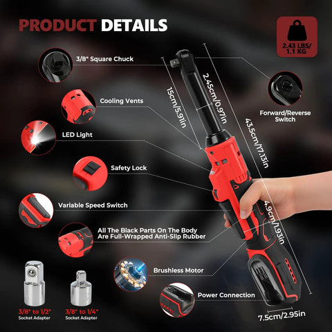 Diagram showing features of the Upgraded Brushless Three Eighths Inch Cordless Ratchet Wrench Beast Mode With 60 Ft Lbs Torque Variable Speed And LED Work Light Compatible With Milwaukee 18V Batteries No Battery For Auto Shop And Home Projects
