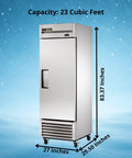 Commercial Reach In Freezer With Solid Swing Door Keeps Things Frosty Down To Ten Below Zero Fahrenheit R290 Hydrocarbon Compressor on blue background.