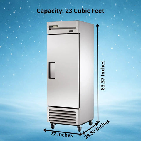 Commercial Reach In Freezer With Solid Swing Door Keeps Things Frosty Down To Ten Below Zero Fahrenheit R290 Hydrocarbon Compressor on blue background.