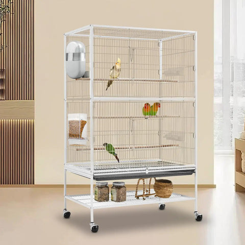 No Drama Spill Proof Bird Water Dispenser And Easy Fill Feeder Tray For Parrot Cages in large bird cage with multiple birds.