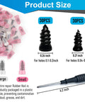 Sixty Piece Heavy Duty Tubeless Tire Repair Kit With Slick Rubber Nails And Quick Cure Glue For Instant Puncture Fix showing rubber nails and tool sizes.