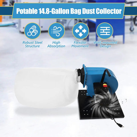 Rugged 1HP Dust Workhorse With 550 CFM Power And Rolling Wheeled Base Housing A 14.8 Gallon Filter Bag Dust collector setup with steel design.