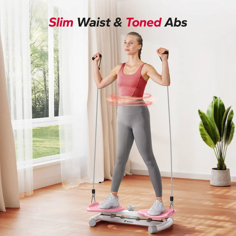 Heavy Duty Waist Twister Machine For Killer Core Workouts Rock Solid Ab Twist Board used by a woman in a home setting.