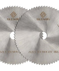 Two 3 inch HSS circular saw blades with 3/8 inch arbor, 72 teeth, ideal for cutting metal, wood, plastic; shown in a workshop setting.