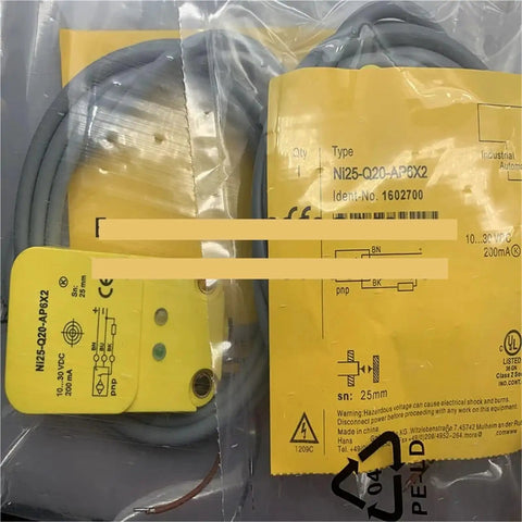 Proximity Switch Sensor NI25-Q20-AP6X2 shown with packaging and wiring, suitable for heavy-duty industrial automation use.