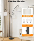 Arched LED Floor Lamp With Three Lights, 81 Inch Tall Modern Mid Century Style Standing Corner Lamp, Beige Lampshade, Living Room Setup