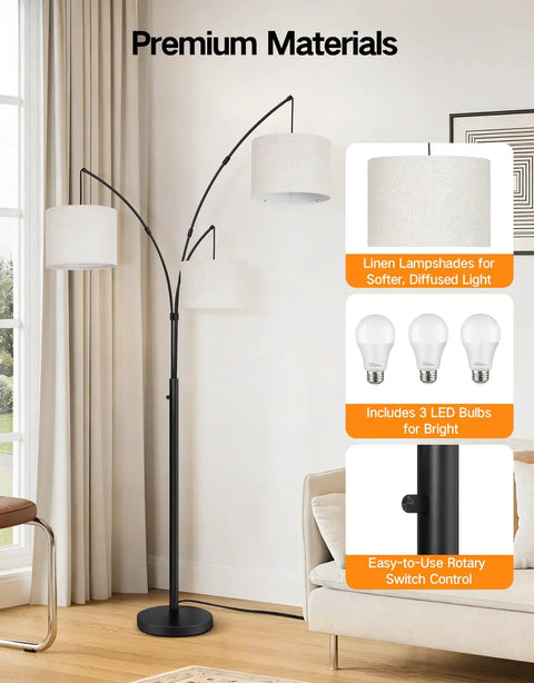 Arched LED Floor Lamp With Three Lights, 81 Inch Tall Modern Mid Century Style Standing Corner Lamp, Beige Lampshade, Living Room Setup
