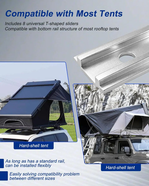 Rooftop Tent Mounting Hardware Kit With Aluminum Brackets And T Sliders Eight Universal Sliders For Quick Rail System Fit Hassle Free Easy Install For Most Tents Hard Shell Or Folding, hard-shell tent on SUV rail