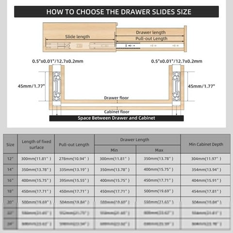 Diagram showing measurements for Soft Close Drawer Slides 12 To 24 Inch With 100 Lb Load Capacity Side Mount Ball Bearing for Kitchen Cabinets.