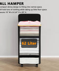 Slim Laundry Hamper With Wheels And Lid, 62L Rolling Clothes Basket With Bamboo Handle, narrow design shown in black.