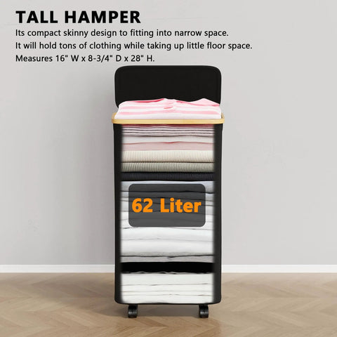 Slim Laundry Hamper With Wheels And Lid, 62L Rolling Clothes Basket With Bamboo Handle, narrow design shown in black.