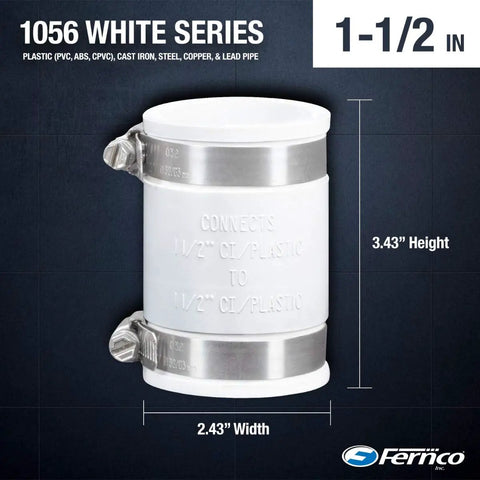 Flexible One And A Half Inch PVC Pipe Coupling For Cast Iron And Plastic Plumbing Leak Proof Chemical And Sewer Gas Resistant White Finish DIY Friendly Easy Install Built To Last A 50 Year Service Life. 1-1/2 in white PVC coupling with clamps