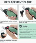 Lightweight Cordless 4V Electric Shears That Slice Fabric And Cardboard Like Butter showing blade replacement steps and tips.