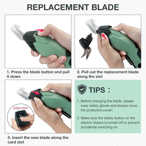 Lightweight Cordless 4V Electric Shears That Slice Fabric And Cardboard Like Butter showing blade replacement steps and tips.