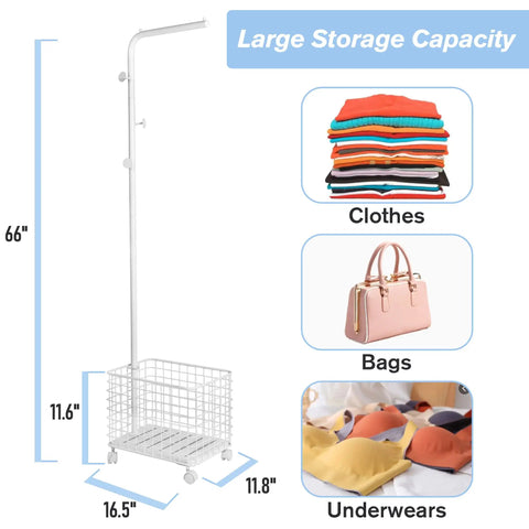 Smooth Rolling Garment Rack With Heavy Duty Hooks And Metal Basket, Versatile Freestanding Clothes Organizer For Entryway Or Laundry Room, Space Savvy White Hanging Rack That Rolls Around Easy