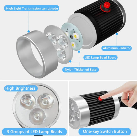 Detailed components of Magnetic Work Light With Flexible Gooseneck LED Lamp, showing LED beads, aluminum radiator, and switch button.