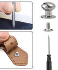 Heavy Duty Round Head Button Studs And Chicago Screws Assorted In 120 Pieces Dope Silver Zinc Alloy Hardware For Leather Craft DIY shown during installation process.