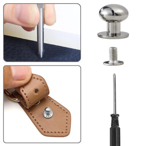 Heavy Duty Round Head Button Studs And Chicago Screws Assorted In 120 Pieces Dope Silver Zinc Alloy Hardware For Leather Craft DIY shown during installation process.