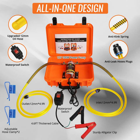 No Sweat All In One Electric Oil Change Extractor Pump Kit 12V 24V with thickened tubing in a portable hard case.