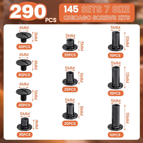 145 Sets Chicago Screws For Leather In Black Gunmetal Finish Durable Carbon Steel Belt Hardware Kit With 7 Size Options