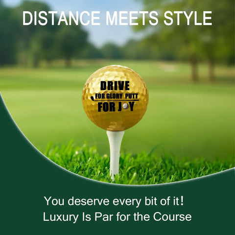 Gold Golf Balls Gift Set With Four Tees For Men Personalized Golf Balls With Inspirational Quotes Dope Retirement Gift For Fathers Day And Birthday Golfer Premium 4 Ball Set on tee with "Drive for Glory Putt for Joy" text