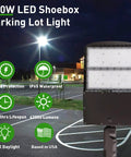 300W LED Parking Lot Light With Dusk To Dawn Photocell Sensor, showing 42000 Lumens, mounted in shoebox style on parking lot