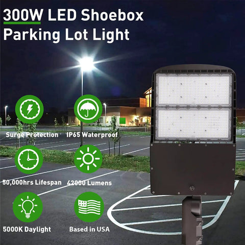 300W LED Parking Lot Light With Dusk To Dawn Photocell Sensor, showing 42000 Lumens, mounted in shoebox style on parking lot