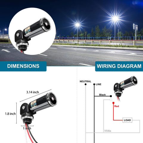 Set It And Forget It Dusk To Dawn Photocell Sensor With Swivel Mount for lighting control, wiring diagram, and dimensions.