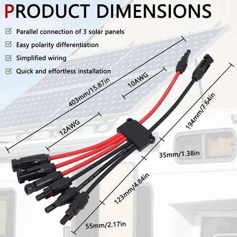 Solar Panel Parallel Connector Kit For 2 To 6 Panels Y Branch Cable Splitter dimensions and tool-free MC4 design.