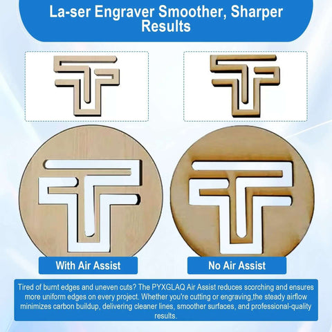 Air Assist pump for La-ser laser cutter/engraver; 30 L/min airflow; circular icons show with/without Air Assist.