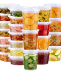 Bulk 60 Pack Deli Containers With Lids 8 16 32 Oz BPA Free Airtight Leakproof Plastic Storage filled with fruits and vegetables