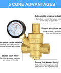 Front view of brass water pressure regulator with gauge and 1/2 inch connections.