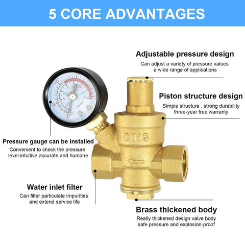 Front view of brass water pressure regulator with gauge and 1/2 inch connections.