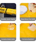 Foam Wall Spill Containment Berm, 4x6 Ft, 26 Oz PVC-Coated Fabric, Yellow, shown folded and deployed with various liquids