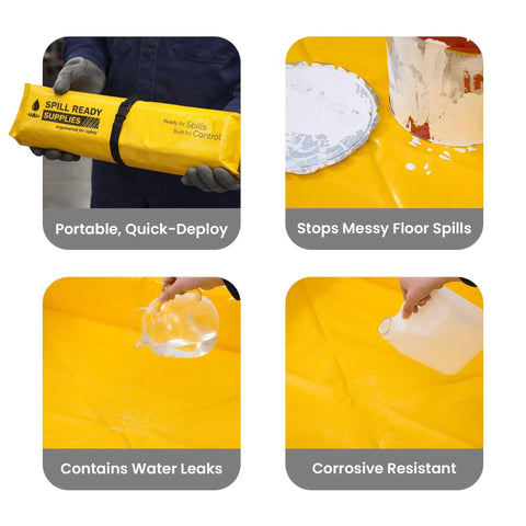 Foam Wall Spill Containment Berm, 4x6 Ft, 26 Oz PVC-Coated Fabric, Yellow, shown folded and deployed with various liquids