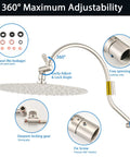 12 Inch Rain Shower Head With 16 Inch Adjustable Extension Arm 304 Stainless Steel High Pressure Rainfall Shower Head All Metal Round Waterfall Shower Head With Brushed Nickel Finish Built To Last showing 360° maximum adjustability and detailed parts.