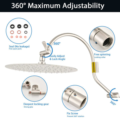 12 Inch Rain Shower Head With 16 Inch Adjustable Extension Arm 304 Stainless Steel High Pressure Rainfall Shower Head All Metal Round Waterfall Shower Head With Brushed Nickel Finish Built To Last showing 360° maximum adjustability and detailed parts.