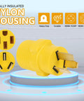 Heavy Duty Nema 10 50P To 14 50R Adapter connects three prong male plug to four prong female receptacle with nylon housing.