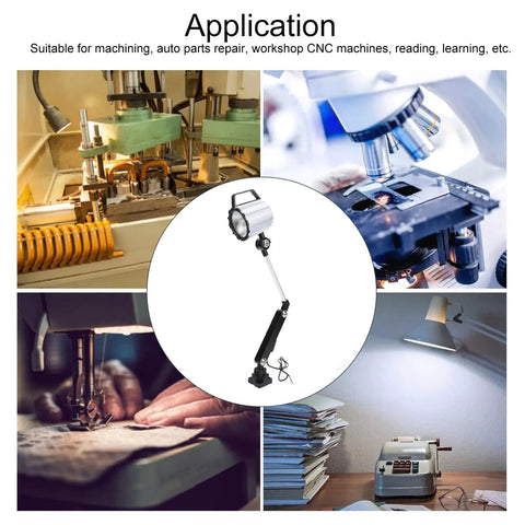 24W LED Machine Work Light With 360 Degree Adjustable Head in various workshop settings, aluminum alloy body, 24V power supply