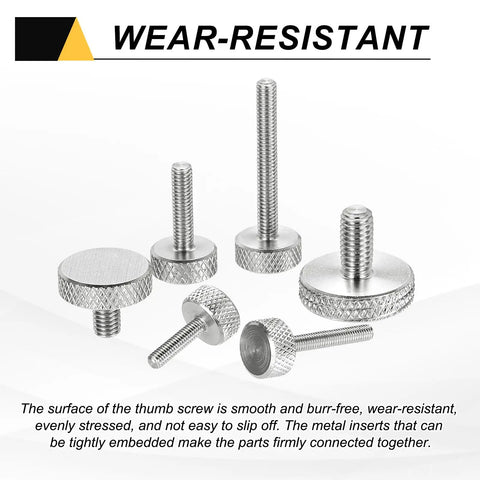 Four M4x6mm Flat Head Knurled Thumb Screws Built With Tough 304 Stainless Steel For Badger Tight Grip And Knockout Durability Ideal For Pc Tower Mods Graphics Card Mounting And SSD Swaps In Sleek Silver Shine, showing variety of sizes and textures.