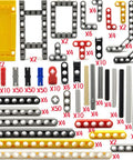 Assorted parts from Tech Build Kit With 420 Pieces Technic Beams Axles Connectors And Brick Parts For STEM Car Builds, laid out.