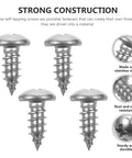 Close-up of 100 Pack Stainless Steel Pan Head Self Tapping Screws For Wood And Thin Metal, Rust Resistant DIY Fasteners For Furniture Assembly